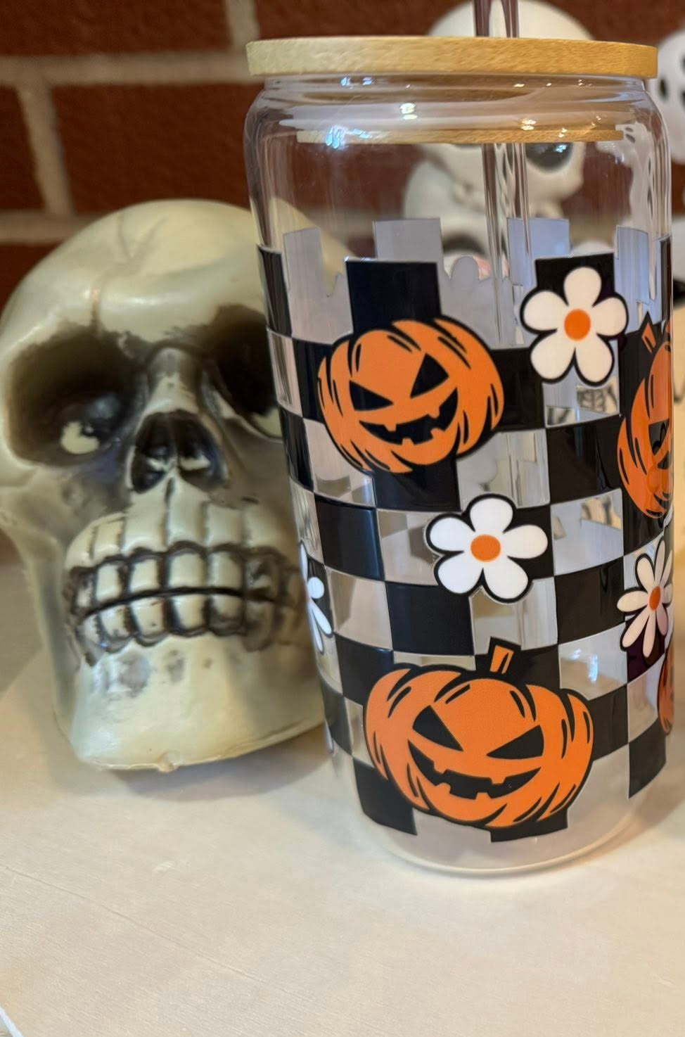 Checkered Pumpkin Glass Can โ Fall Aesthetic Cup