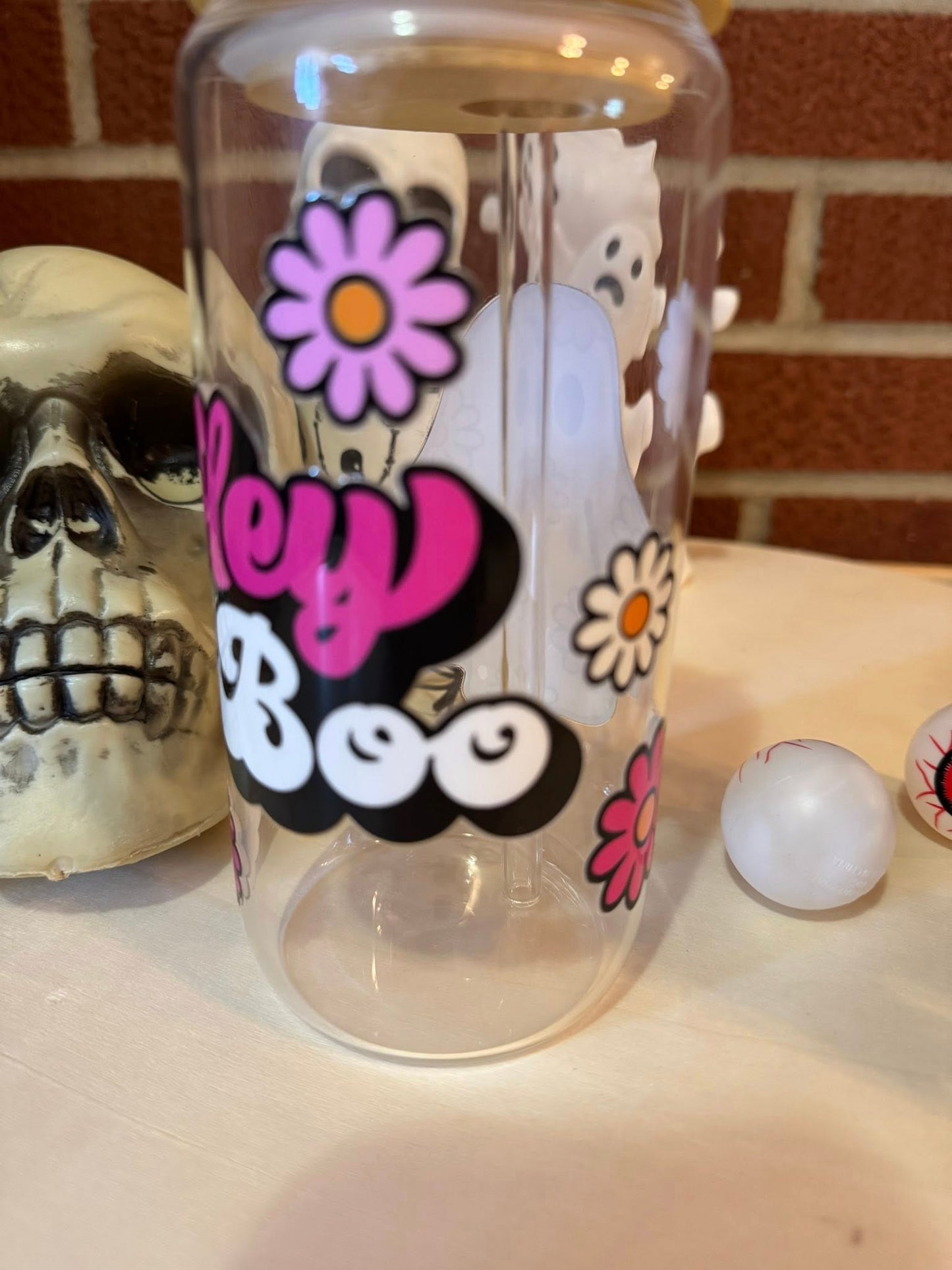 Hey Boo Floral Ghost Glass Can β Cute Spooky Season Cup