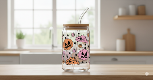 🎃 Cowgirl Pumpkin Glass Can – Western Halloween Tumbler