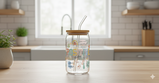 🌿 Positive Vibes Glass Can – Boho Motivational Tumbler