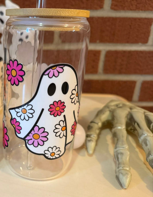 Hey Boo Floral Ghost Glass Can – Cute Spooky Season Cup